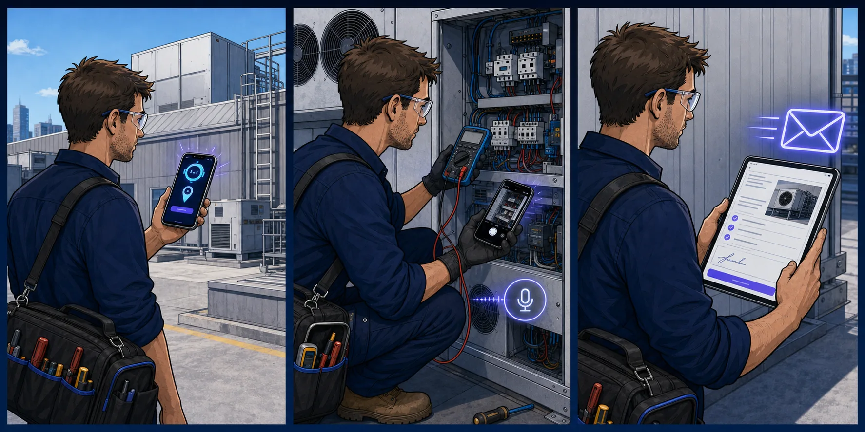 Three-panel illustration of a technician starting a tracked job, recording readings and photos, then sending a digital service docket.