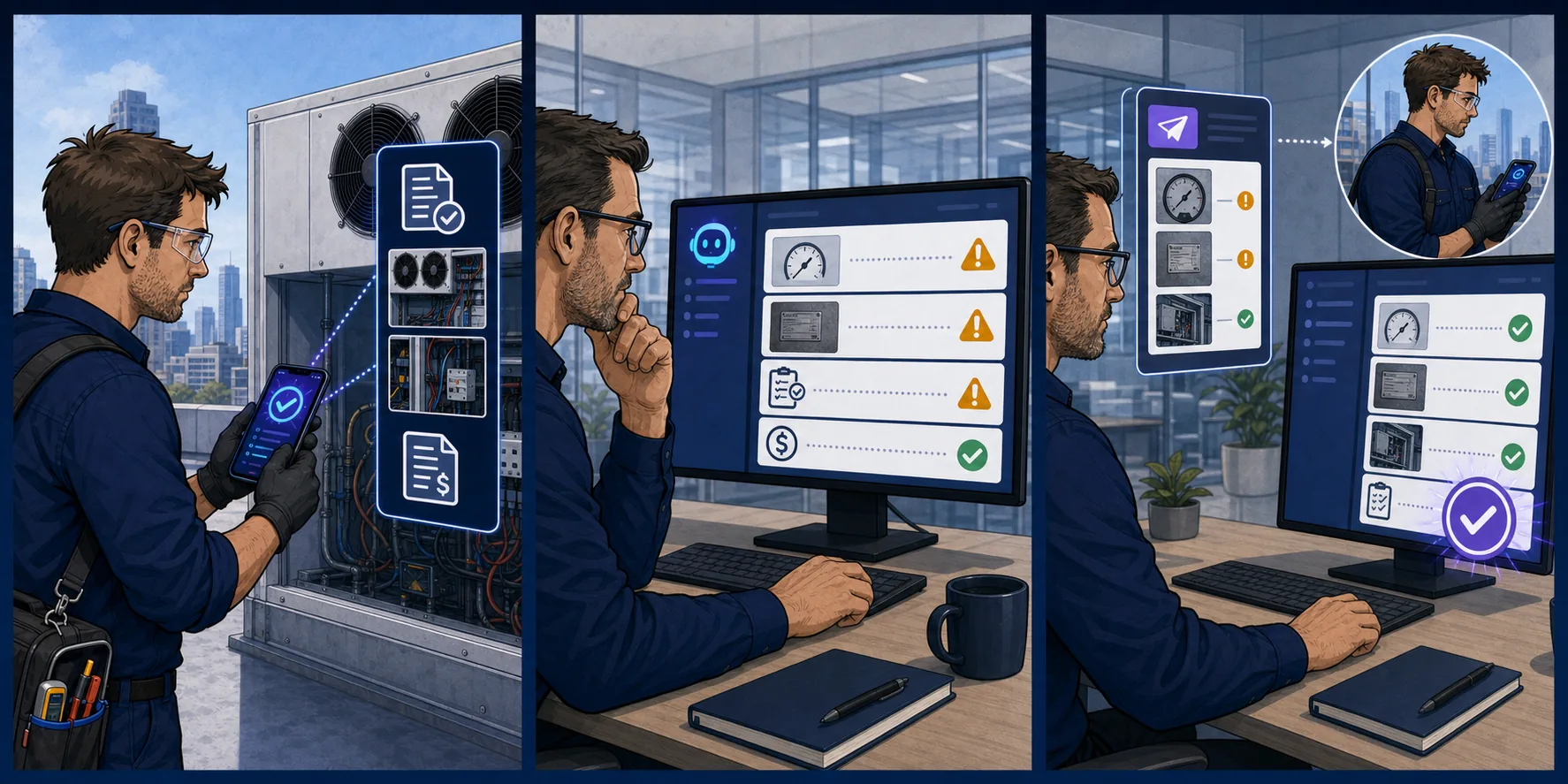 Three-panel illustration of a technician submitting job evidence and a supervisor reviewing warnings before approving corrected work.